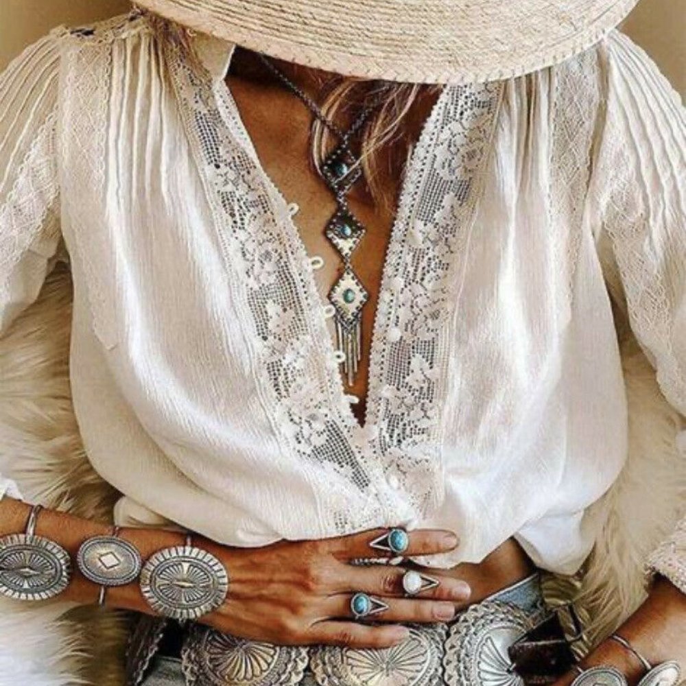 New White Lace Long Sleeve Western Boho Blouse Top Button Front Vintage MCM - Picture 2 of 9